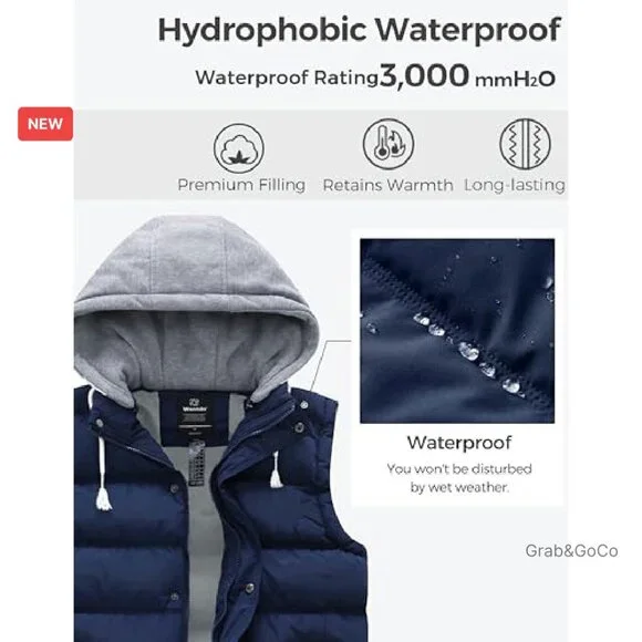 Men's Thick Winter Vest Water-Resistant Puffer Jacket Removable Hood